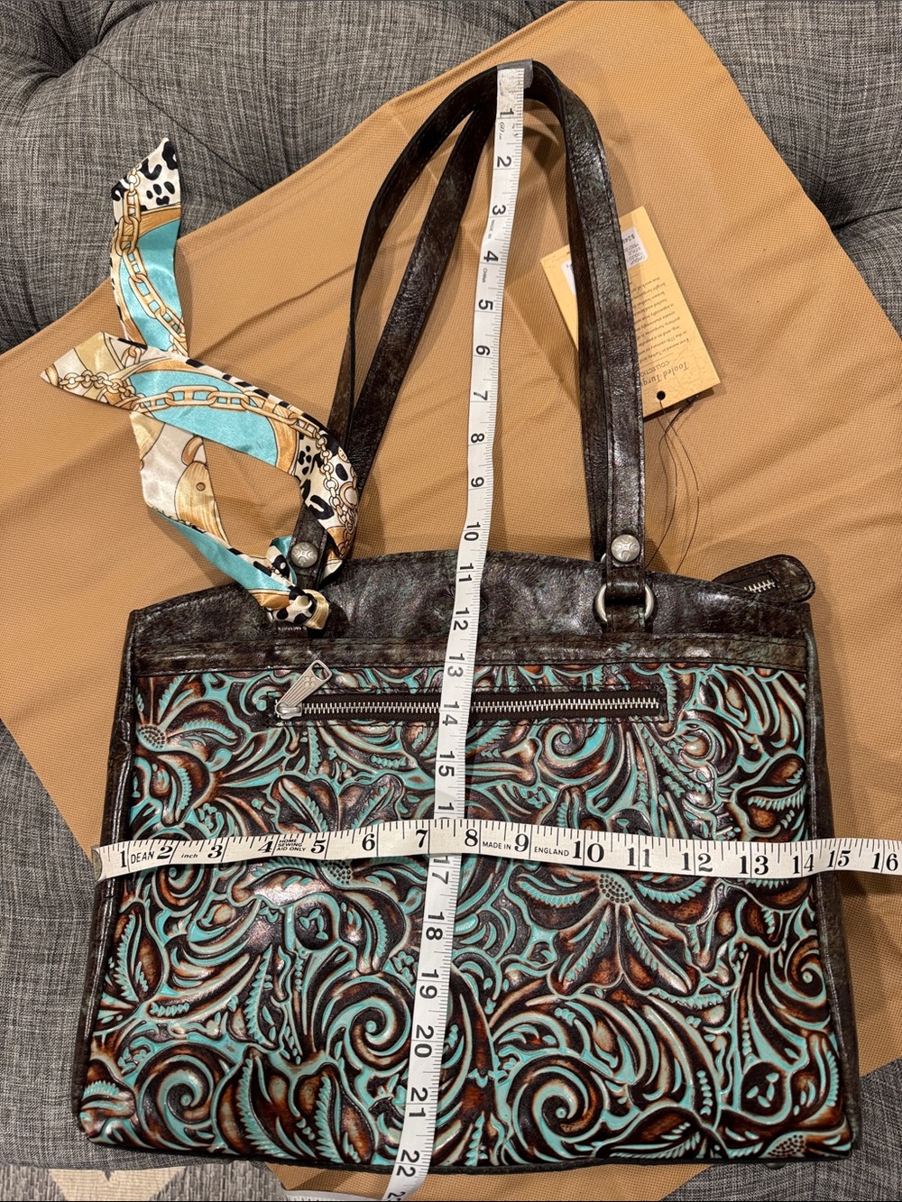 Patricia Nash Bag Tooled Turquoise Brown Leather Floral Embossed Tote NWT - Picture 17 of 17